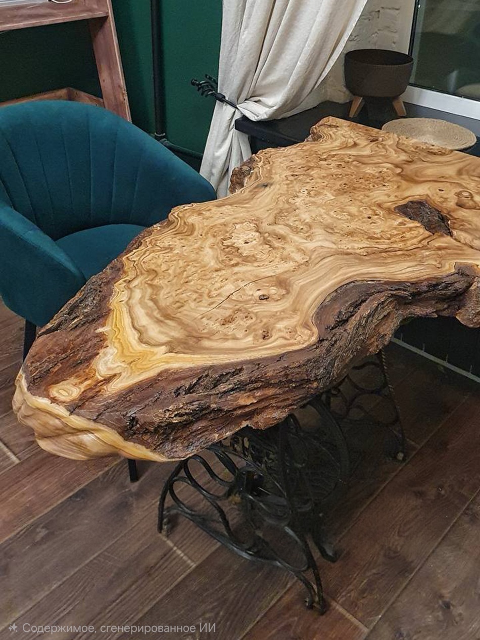 Небольшой стол из карагача с корой и винтажным подстольем 2